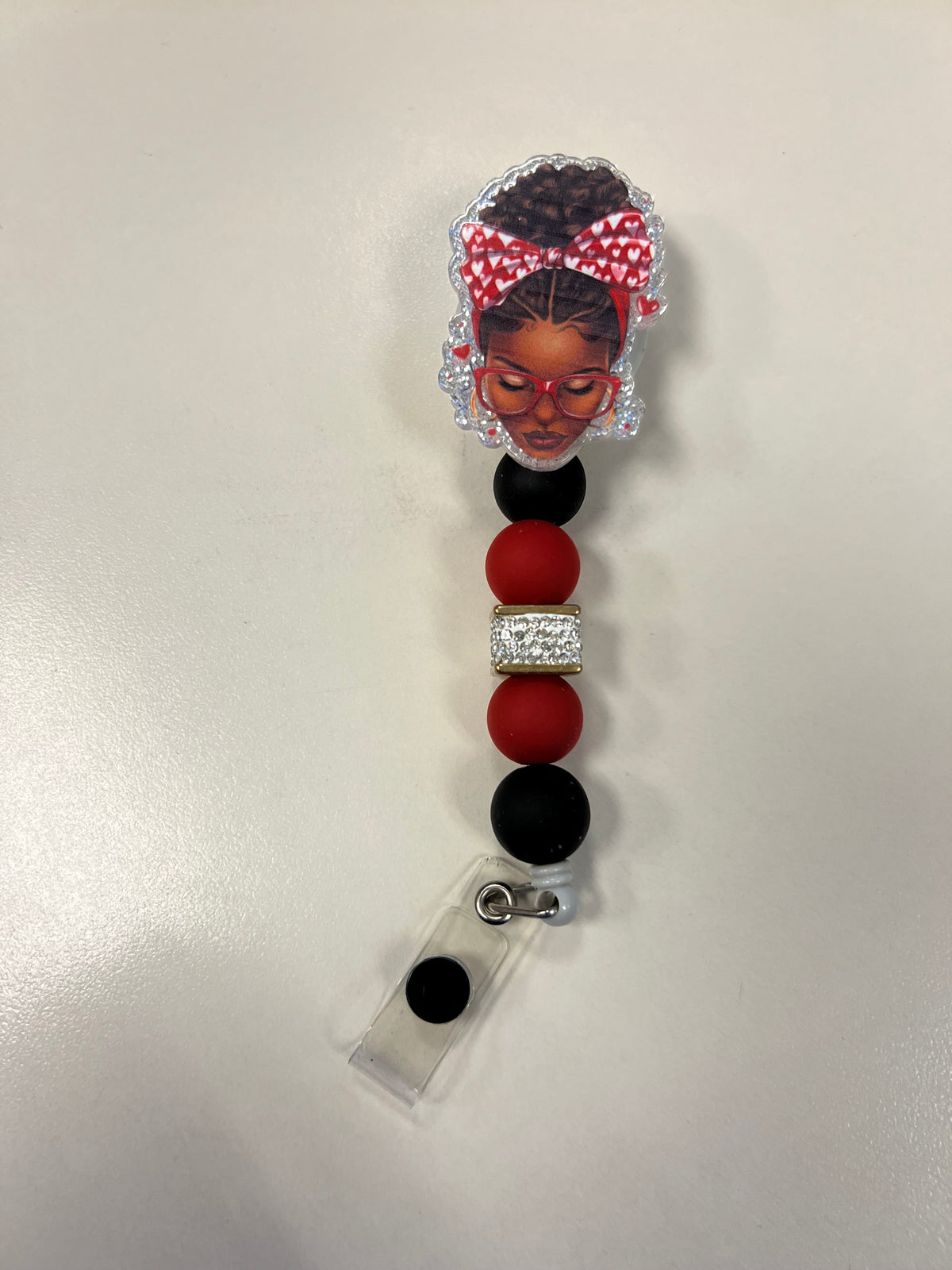 ❤️🖤 Red Glasses Queen Beaded Badge Reel