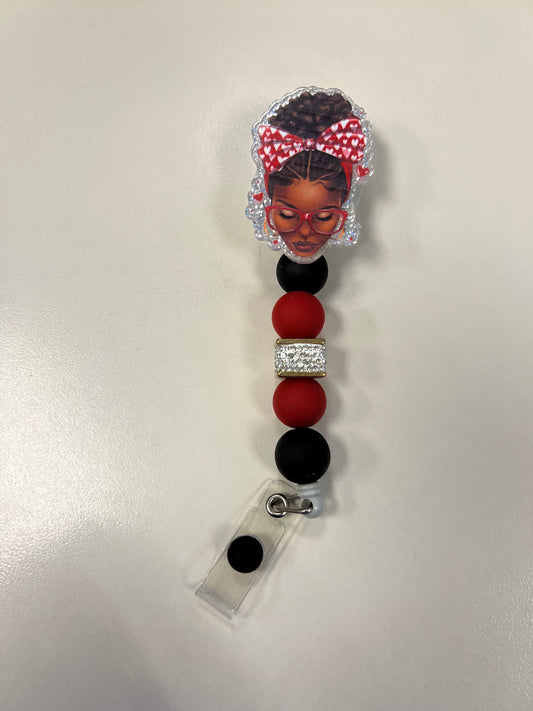 ❤️🖤 Red Glasses Queen Beaded Badge Reel